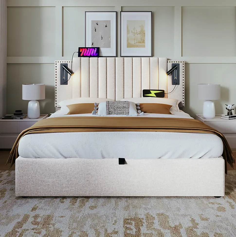 Lit rembourré 160x200cm, lit de rangement avec sommier à lattes, lumière de lecture et fonction de chargement usb, coton, beige