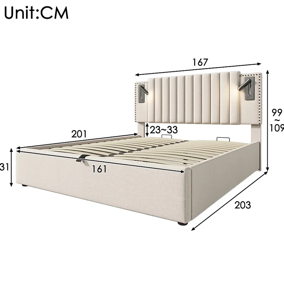 Lit rembourré 160x200cm, lit de rangement avec sommier à lattes, lumière de lecture et fonction de chargement usb, coton, beige