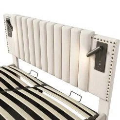 Lit rembourré 160x200cm, lit de rangement avec sommier à lattes, lumière de lecture et fonction de chargement usb, coton, beige