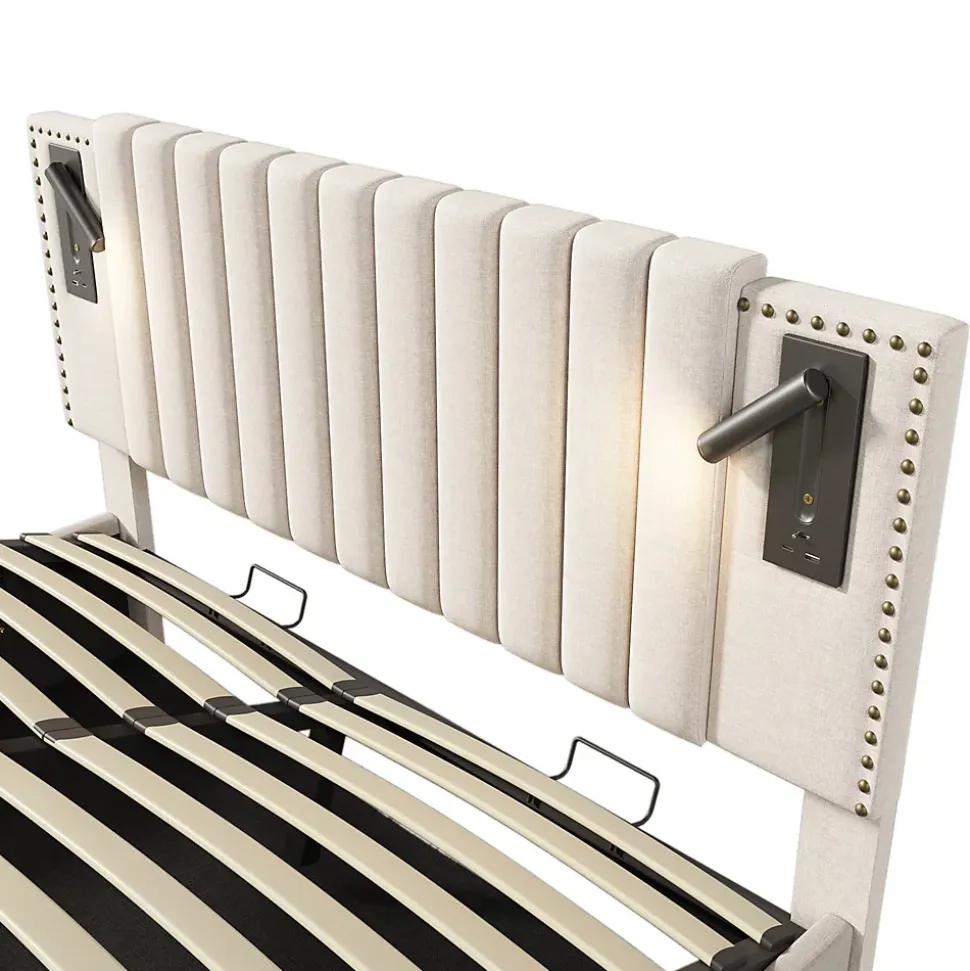 Lit rembourré 160x200cm, lit de rangement avec sommier à lattes, lumière de lecture et fonction de chargement usb, coton, beige