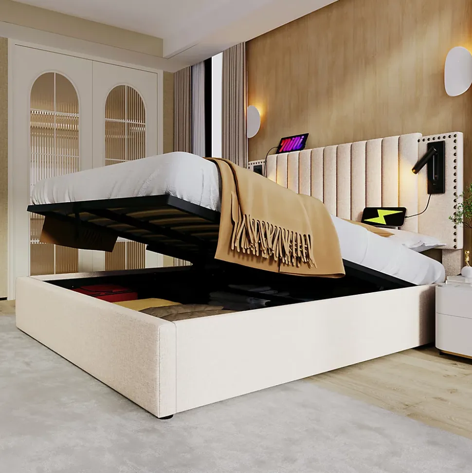 Lit rembourré 160x200cm, lit de rangement avec sommier à lattes, lumière de lecture et fonction de chargement usb, coton, beige
