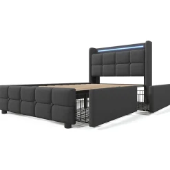 Lit rembourré 90x200cm lit de rangement lit 2 tiroirs lit éclairage led lit sommier à lattes en bois Single lin gris