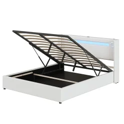 Lit rembourré 160x200cm lit sommier à lattes lit barre lumineuse à led lecteur bluetooth et recharge usb lit double cuir pu blanc