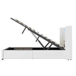 Lit rembourré 160x200cm lit sommier à lattes lit barre lumineuse à led lecteur bluetooth et recharge usb lit double cuir pu blanc