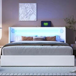 Lit rembourré 160x200cm lit sommier à lattes lit barre lumineuse à led lecteur bluetooth et recharge usb lit double cuir pu blanc