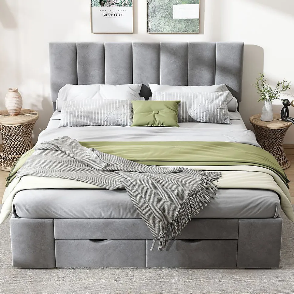 Lit Rembourré 140X200Cm Velours Tiroirs Gris Blackcolors