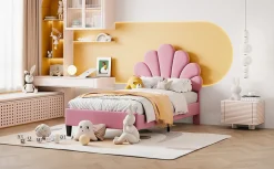 Lit rembourre 90 sur 200 cm avec tete de lit fleurie en velours doux cadre avec sommier lit dappoint rose