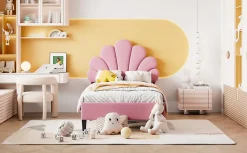 Lit rembourre 90 sur 200 cm avec tete de lit fleurie en velours doux cadre avec sommier lit dappoint rose