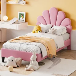 Lit rembourre 90 sur 200 cm avec tete de lit fleurie en velours doux cadre avec sommier lit dappoint rose