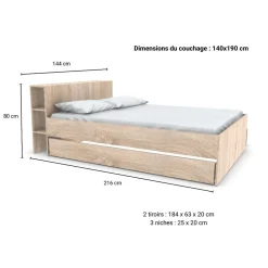 Lit RIGA 140x190cm + tête de lit + 2 tiroirs / Décor Chêne Blanchi