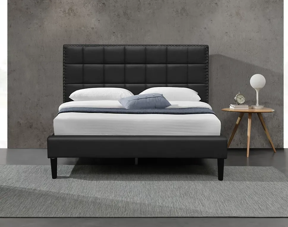 Lit riley pour matelas 120x200 - sommier + tete de lit capitonnee noir - pieds 16 cm pour matelas - 2 x 13 lattes - - confort -