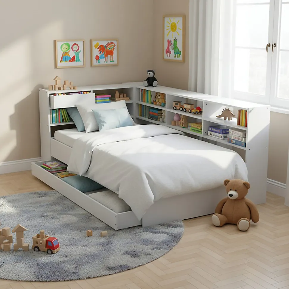 Lit ROLLER 90x190 + 1 sommier + 1 tiroir + étagères / Blanc