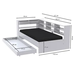 Lit ROLLER 90x190 + 1 sommier + 1 tiroir + étagères / Blanc