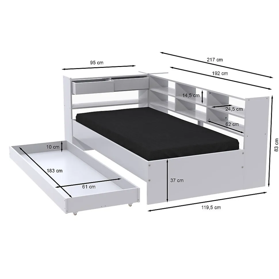 Lit ROLLER 90x190 + 1 sommier + 1 tiroir + étagères / Blanc