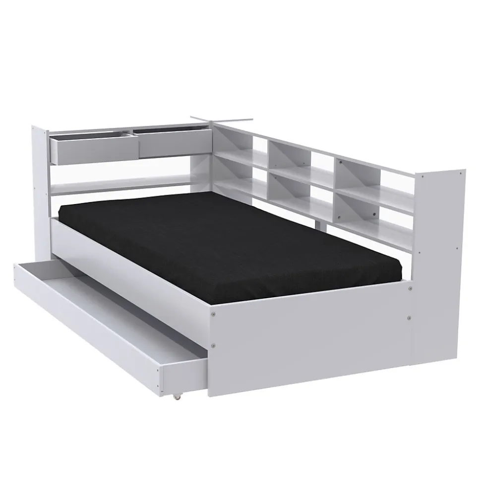 Lit ROLLER 90x190 + 1 sommier + 1 tiroir + étagères / Blanc