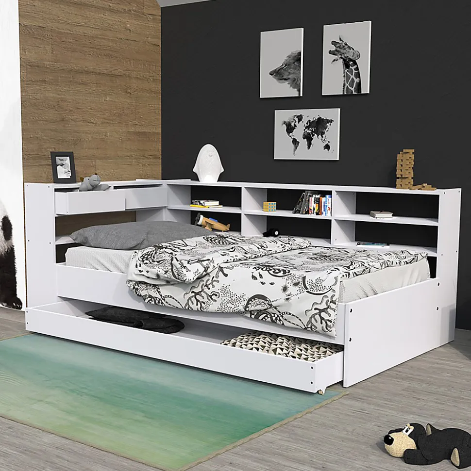 Lit ROLLER 90x190 + 1 sommier + 1 tiroir + étagères / Blanc