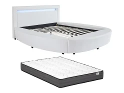 Lit rond 160 x 200 cm - Avec LEDs - Simili - Blanc + Matelas - ABULIS III