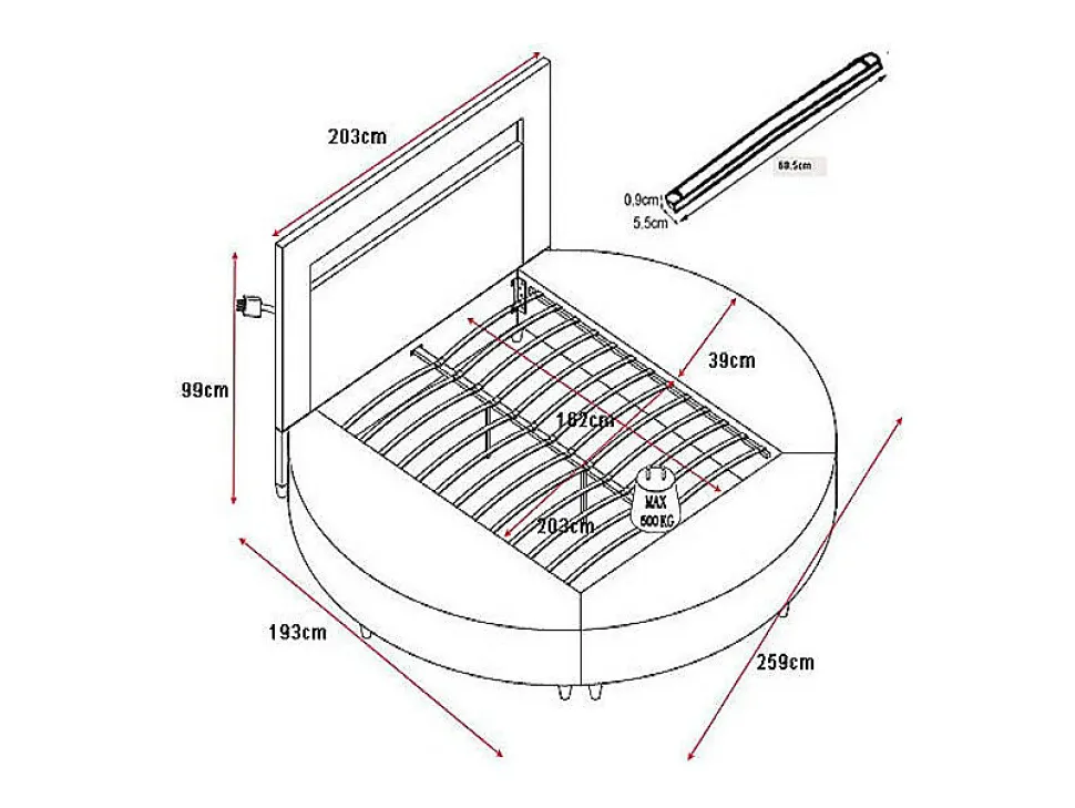 Lit rond 160 x 200 cm - Avec LEDs - Simili - Blanc + Matelas - ABULIS III