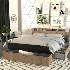 Lit SAMBA 140x190cm + tête de lit + 2 tiroirs / Décor Noir & chêne blanchi