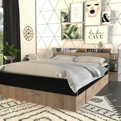 Lit SAMBA 140x190cm + tête de lit + 2 tiroirs / Décor Noir & chêne blanchi