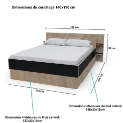 Lit SAMBA 140x190cm + tête de lit + 2 tiroirs / Décor Noir & chêne blanchi