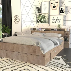 Lit SAMBA 140x190cm + tête de lit + 2 tiroirs / Décor Chêne blanchi