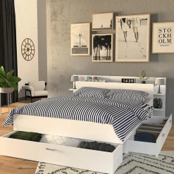 Lit SAMBA 140x190cm + tête de lit + 2 tiroirs / Blanc