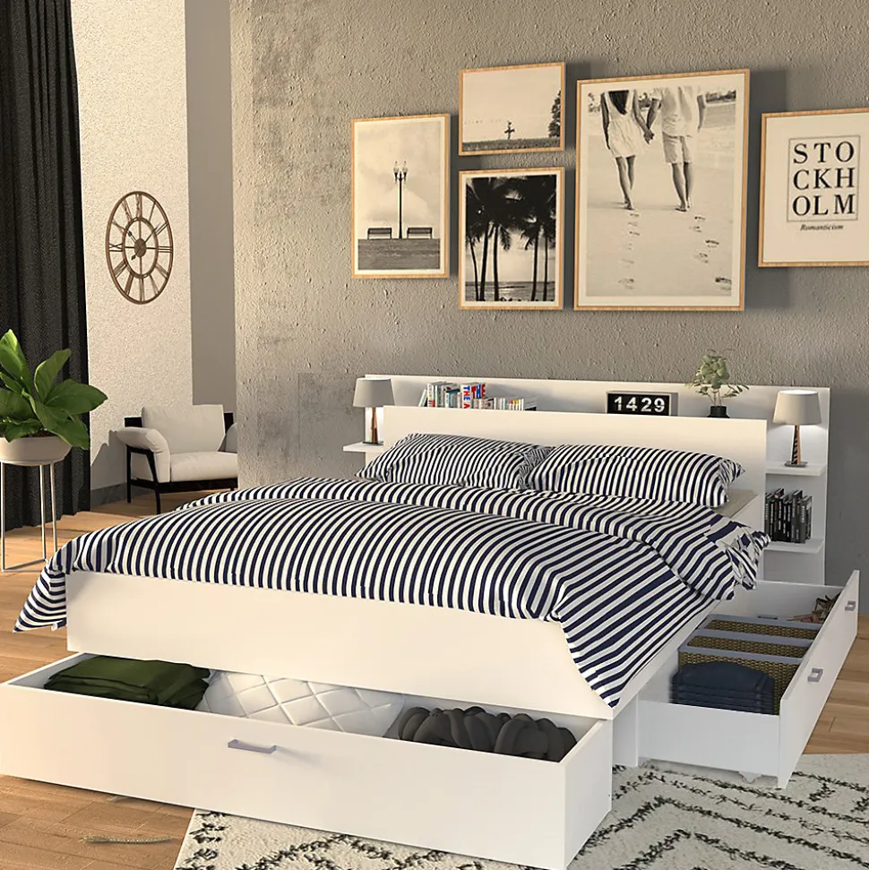 Lit SAMBA 140x190cm + tête de lit + 2 tiroirs / Blanc