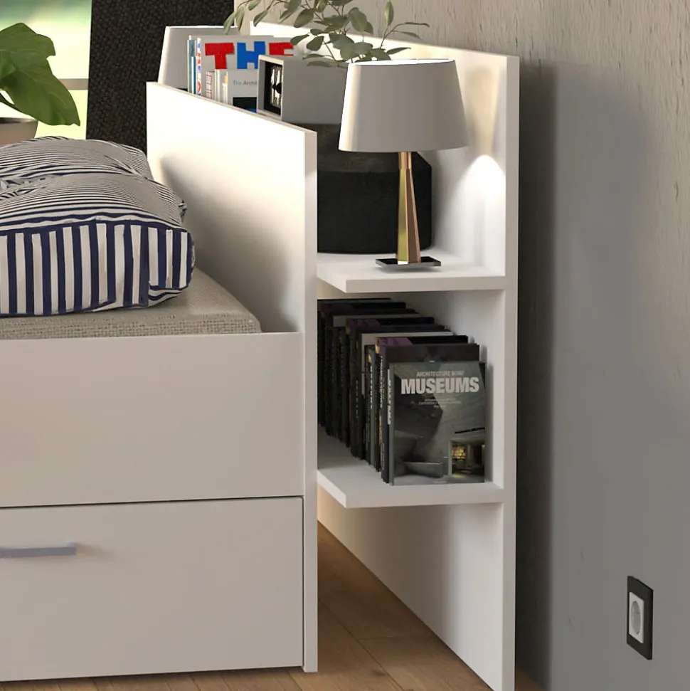 Lit SAMBA 140x190cm + tête de lit + 2 tiroirs / Blanc