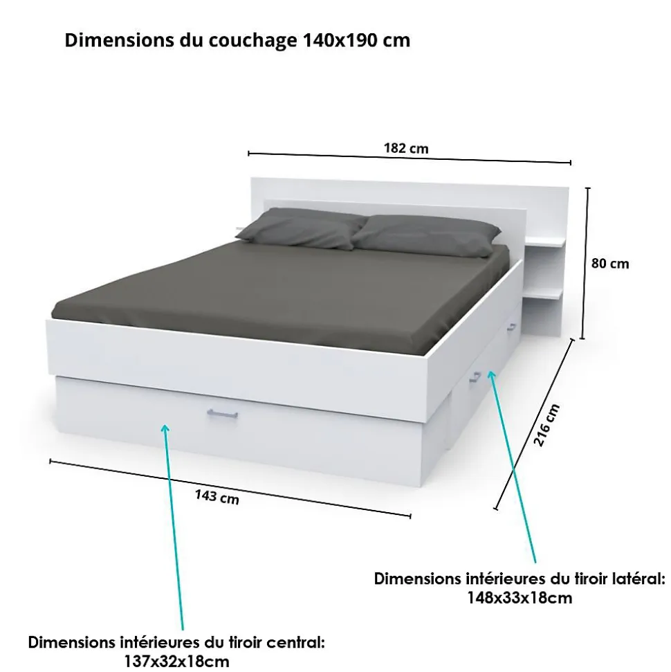 Lit SAMBA 140x190cm + tête de lit + 2 tiroirs / Blanc