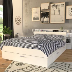 Lit SAMBA 140x190cm + tête de lit + 2 tiroirs / Blanc