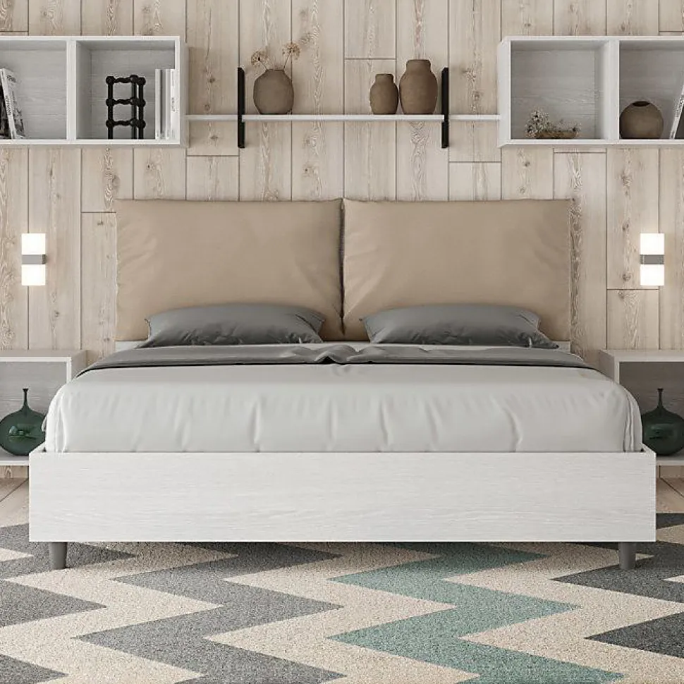 Lit sans sommier 160x200 avec coussins en simili cuir gris tourterelle Egos Antea