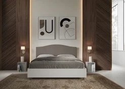 Lit sans sommier 160x200 structure frêne blanc avec tête de lit mélamine/simili cuir cappuccino Grace