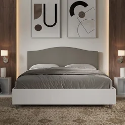 Lit sans sommier 160x200 structure frêne blanc avec tête de lit mélamine/simili cuir cappuccino Grace