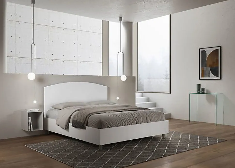 Lit sans sommier 160x190 tête de lit structure frêne blanc Antilia mélamine blanc/simili cuir