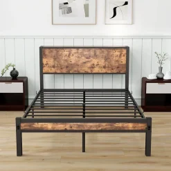 Lit Simple - Lit Métal 120x200 cm avec Tête de Lit et Rangement pour Ado - MDF et Métal - Marron - sans Matelas