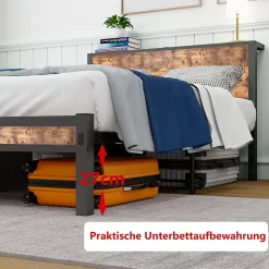 Lit Simple - Lit Métal 120x200 cm avec Tête de Lit et Rangement pour Ado - MDF et Métal - Marron - sans Matelas