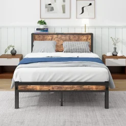 Lit Simple - Lit Métal 120x200 cm avec Tête de Lit et Rangement pour Ado - MDF et Métal - Marron - sans Matelas