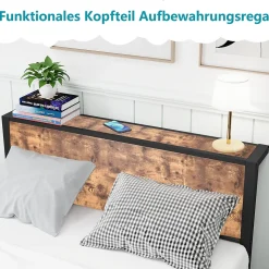 Lit Simple - Lit Métal 120x200 cm avec Tête de Lit et Rangement pour Ado - MDF et Métal - Marron - sans Matelas