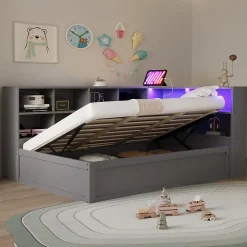 Lit simple 90 par 200 cm en bois massif avec prises multiples rangements et barre lumineuse systeme hydraulique gris