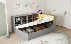 Lit simple 90 par 200 cm en bois massif avec prises multiples rangements et barre lumineuse systeme hydraulique gris