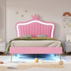 Lit simple 90 sur 200 cm cadre en PU cuir rose style couronne avec LED sommier et tête de lit matelas non inclus