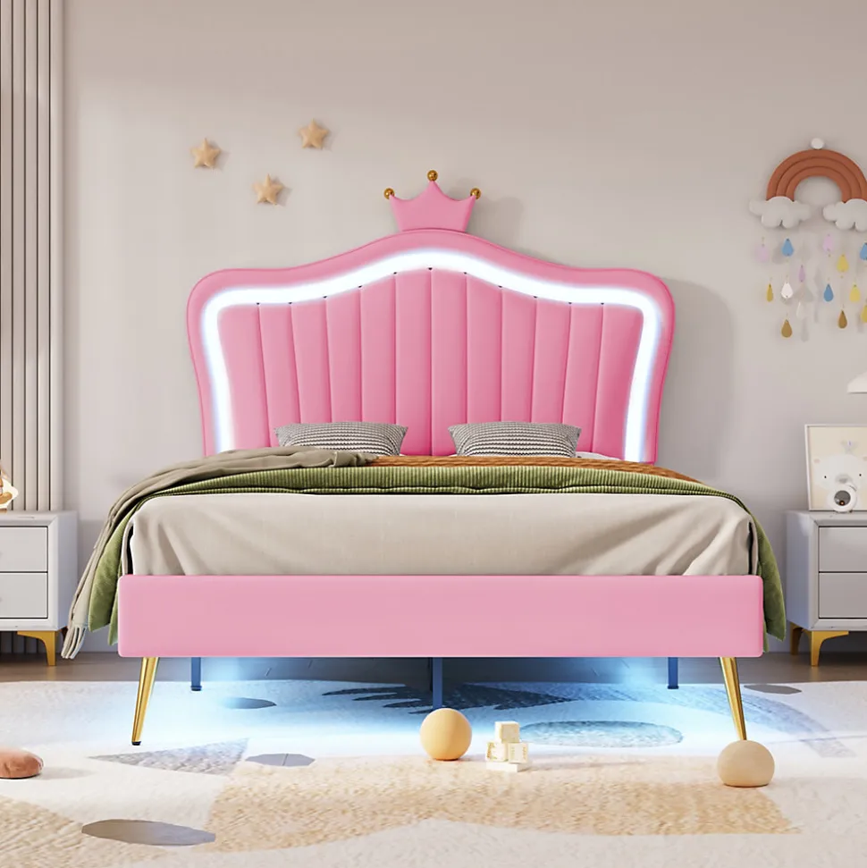 Lit simple 90 sur 200 cm cadre en PU cuir rose style couronne avec LED sommier et tête de lit matelas non inclus