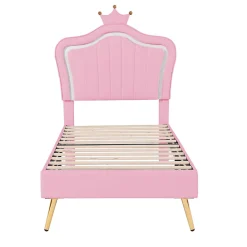 Lit simple 90 sur 200 cm cadre en PU cuir rose style couronne avec LED sommier et tête de lit matelas non inclus