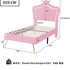 Lit simple 90 sur 200 cm cadre en PU cuir rose style couronne avec LED sommier et tête de lit matelas non inclus