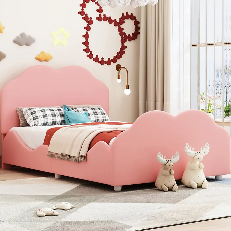 Lit simple 90 sur 200 cm cadre avec barrières tête et pied en forme de nuage en velours doux rose