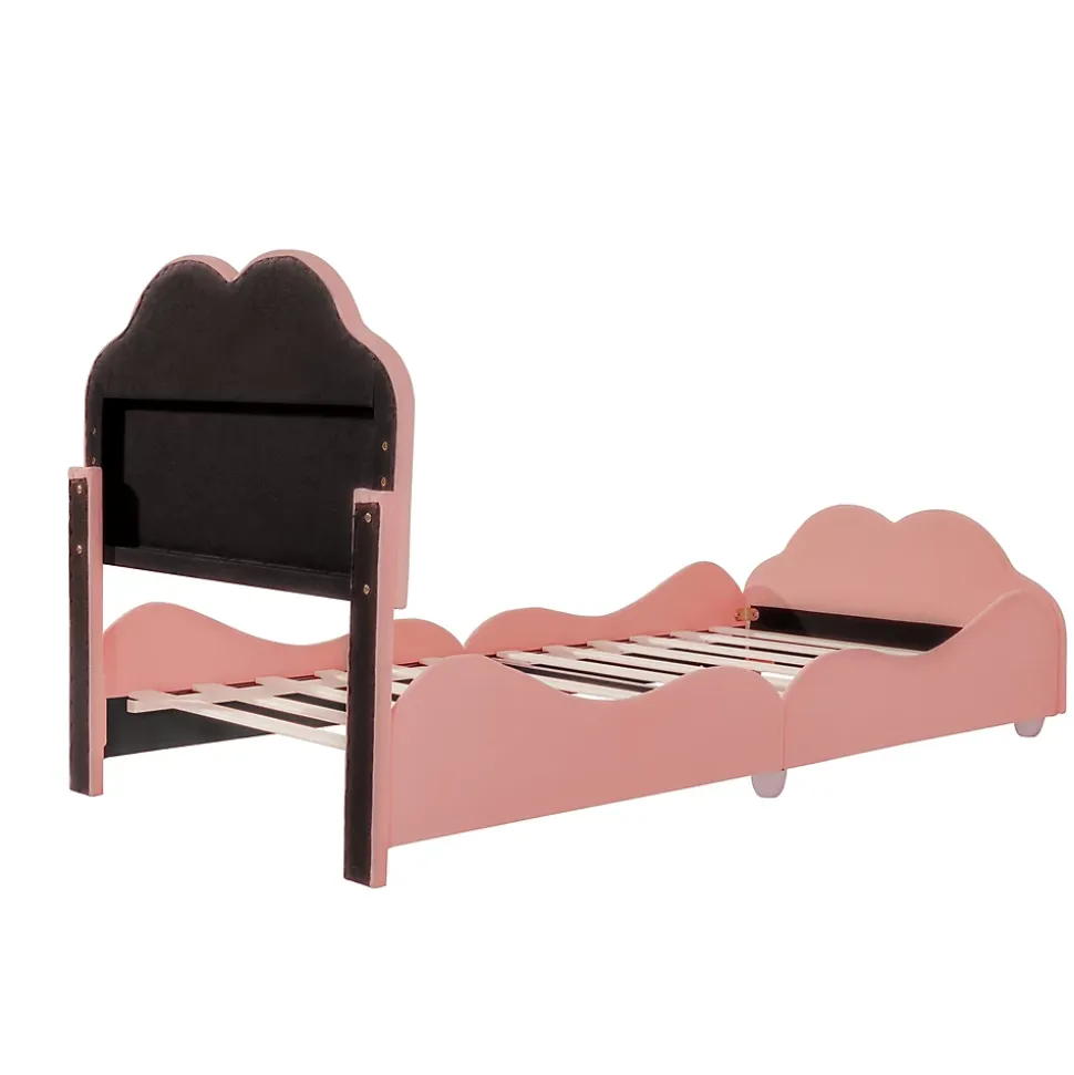 Lit simple 90 sur 200 cm cadre avec barrières tête et pied en forme de nuage en velours doux rose