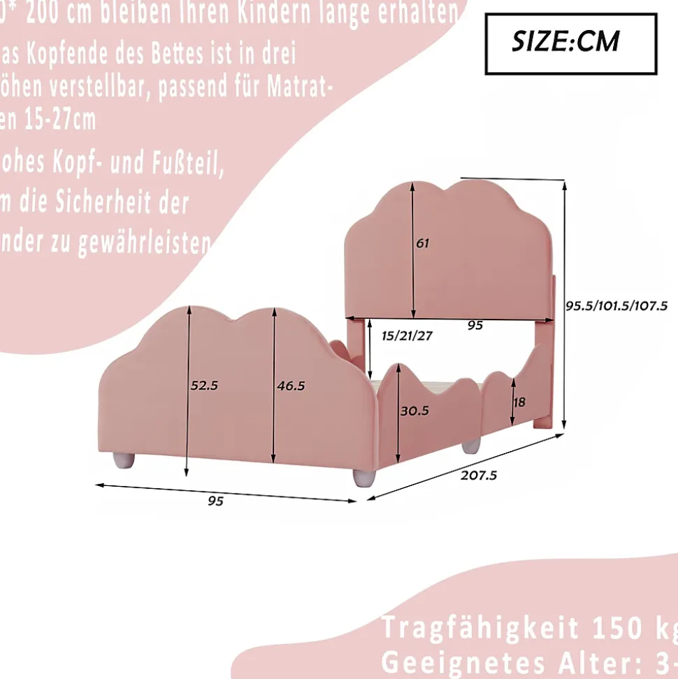 Lit simple 90 sur 200 cm cadre avec barrières tête et pied en forme de nuage en velours doux rose