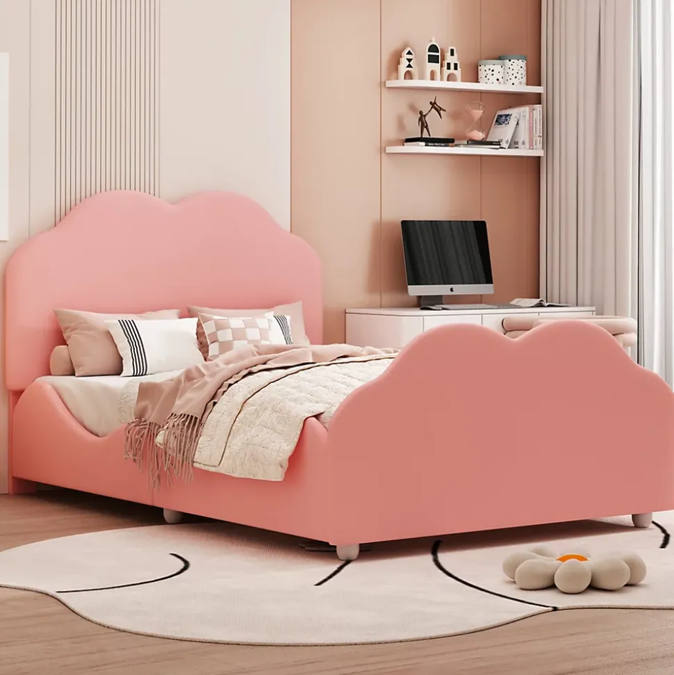 Lit simple 90 sur 200 cm cadre avec barrières tête et pied en forme de nuage en velours doux rose