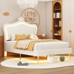 Lit simple 90 sur 200 cm cadre en PU cuir blanc style couronne avec LED sommier et tête de lit matelas non inclus